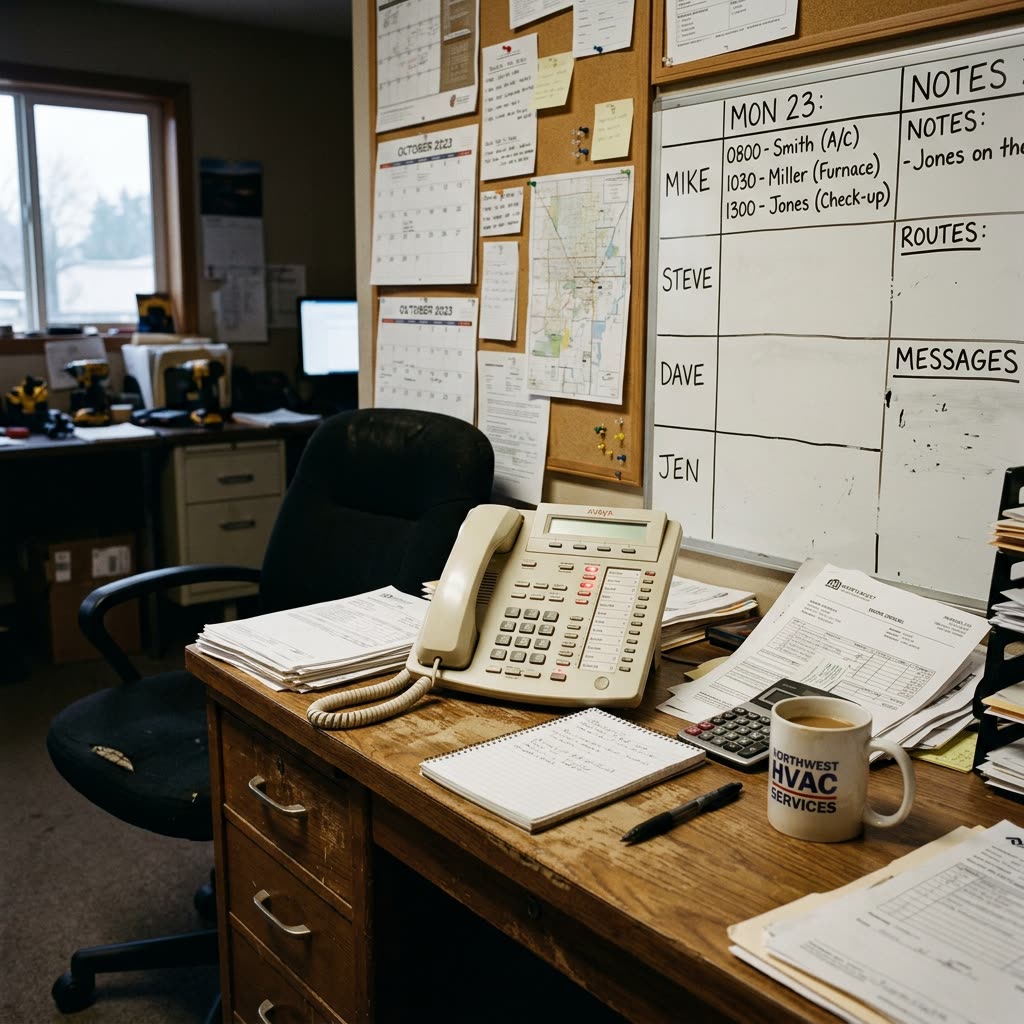 Empty HVAC dispatch desk — phone ringing, nobody there to answer