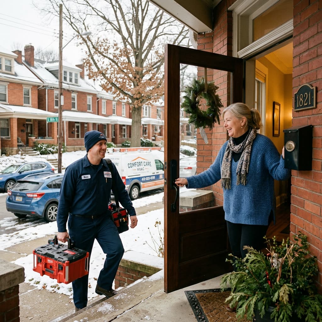Happy homeowner greeting HVAC technician at the front door — the call was answered, the appointment was made